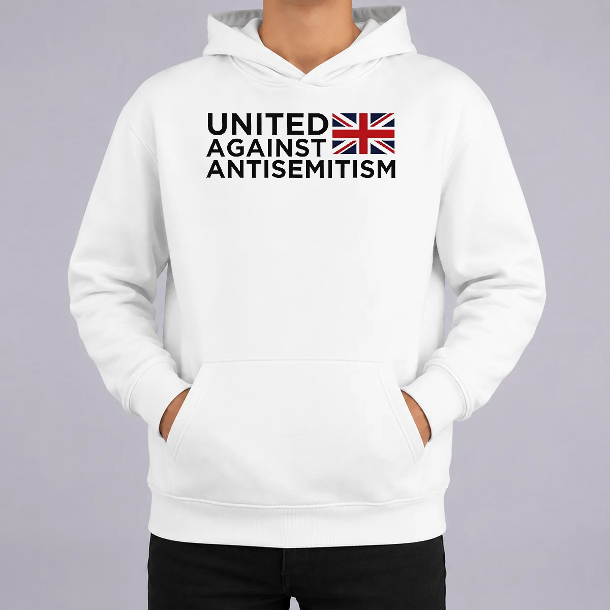 Pretty United Against Antisemitism UK Flag Anti Hate Hoodie Pretty United Against Antisemitism UK Flag Anti Hate Hoodie in navy blue, front view with kangaroo pocket and drawstring hood