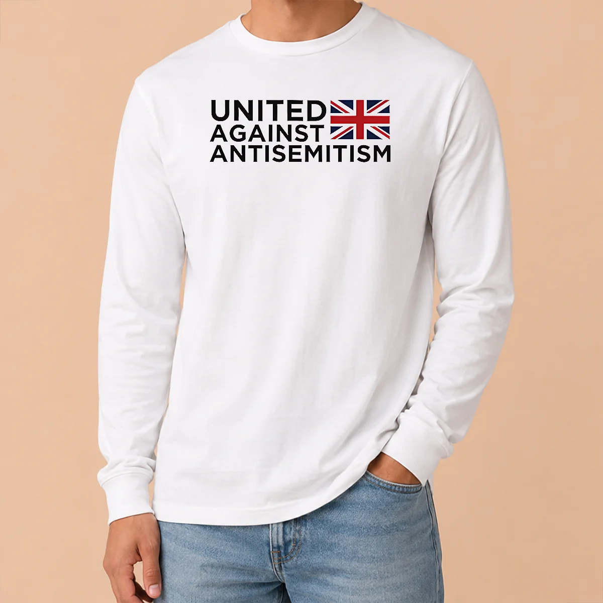 Pretty United Against Antisemitism UK Flag Anti Hate Long Sleeve Shirt Pretty United Against Antisemitism UK Flag Anti Hate Long Sleeve Shirt in white with bold graphic print