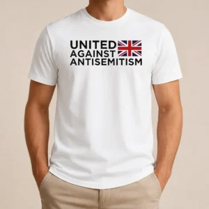 Pretty United Against Antisemitism UK Flag Anti Hate t shirt in white, short sleeve cotton tee