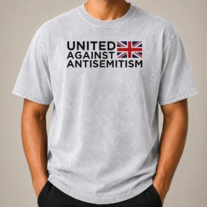 Pretty United Against Antisemitism UK Flag Anti Hate Washed T Shirt front view with bold UK flag design