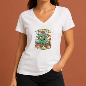Pretty Vintage Brain Eater Splash Survivor Retro V Neck Shirt in charcoal grey showing front graphic design and short sleeves