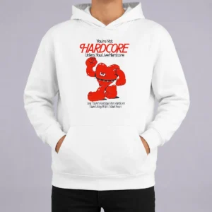Pretty Youre Not Hardcore Unless You Live Hardcore Kind Heart Muscle Cartoon Hoodie in charcoal gray with front pocket and adjustable hood
