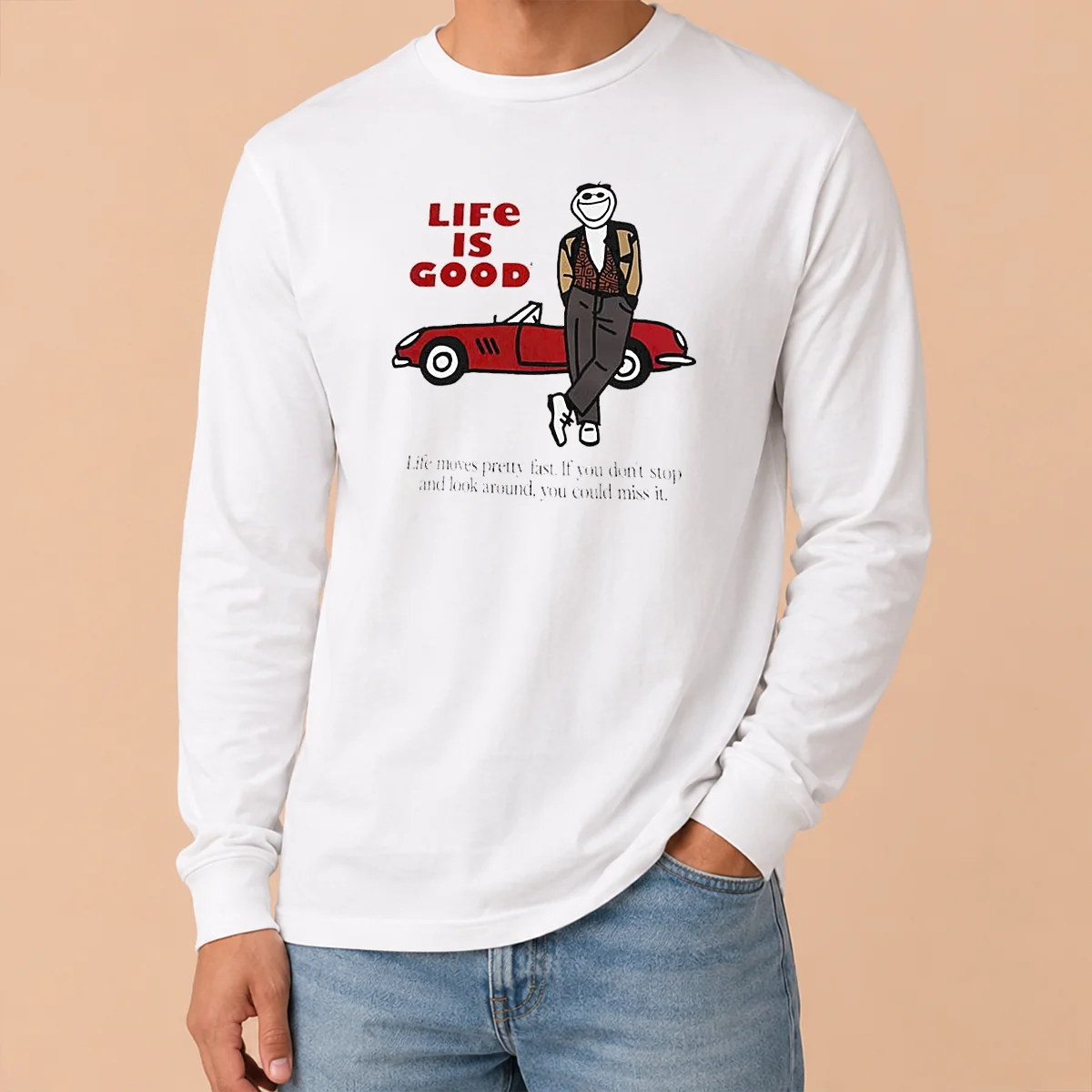 Top Ferris Bueller Life Is Good Life Moves Pretty Fast If You Do Not Stop Long Sleeve Shirt Top Ferris Bueller Life Is Good Life Moves Pretty Fast If You Do Not Stop long sleeve shirt in white with bold graphic print