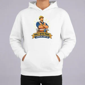 Top Hot Labour Day Proud Worker Vector Hoodie in charcoal gray, featuring bold Labour Day graphic on front