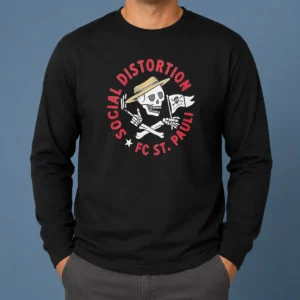 Top Premium Social Distortion FC St Pauli Skull With Straw Hat And Flag Long Sleeve Shirt