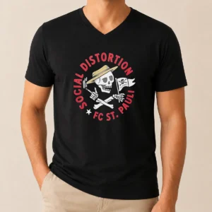 Top Premium Social Distortion FC St Pauli Skull With Straw Hat And Flag V-Neck Shirt