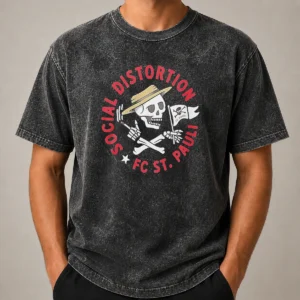 Top Premium Social Distortion FC St Pauli Skull With Straw Hat And Flag Washed T-Shirt