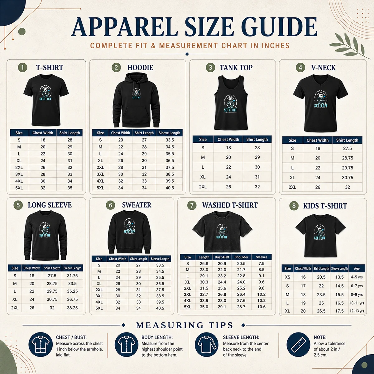 Top Set It Off Duality 10 Year Anniversary Undertale Sans Skeleton Size Chart Size chart for Top Set It Off Duality 10 Year Anniversary Undertale Sans Skeleton showing measurements in inches and cm