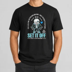 Top Set It Off Duality 10 Year Anniversary Undertale Sans Skeleton t shirt featuring a graphic print on a classic crew neck tee