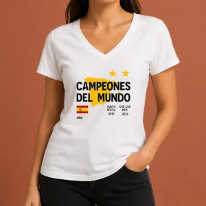 Top Spain Campeones Del Mundo 2010 South Africa And 2026 World Cup V Neck Shirt in red with short sleeves