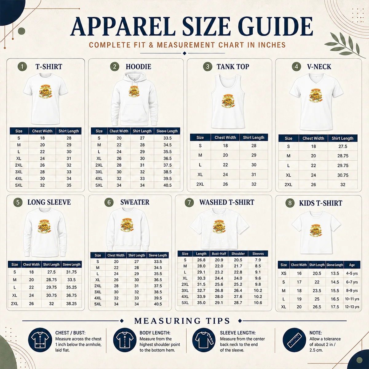Awesome Pretty Summer Bank Holiday Vintage Chill Sun Size Chart Size chart for Awesome Pretty Summer Bank Holiday Vintage Chill Sun with measurements in inches and cm to help choose the right fit