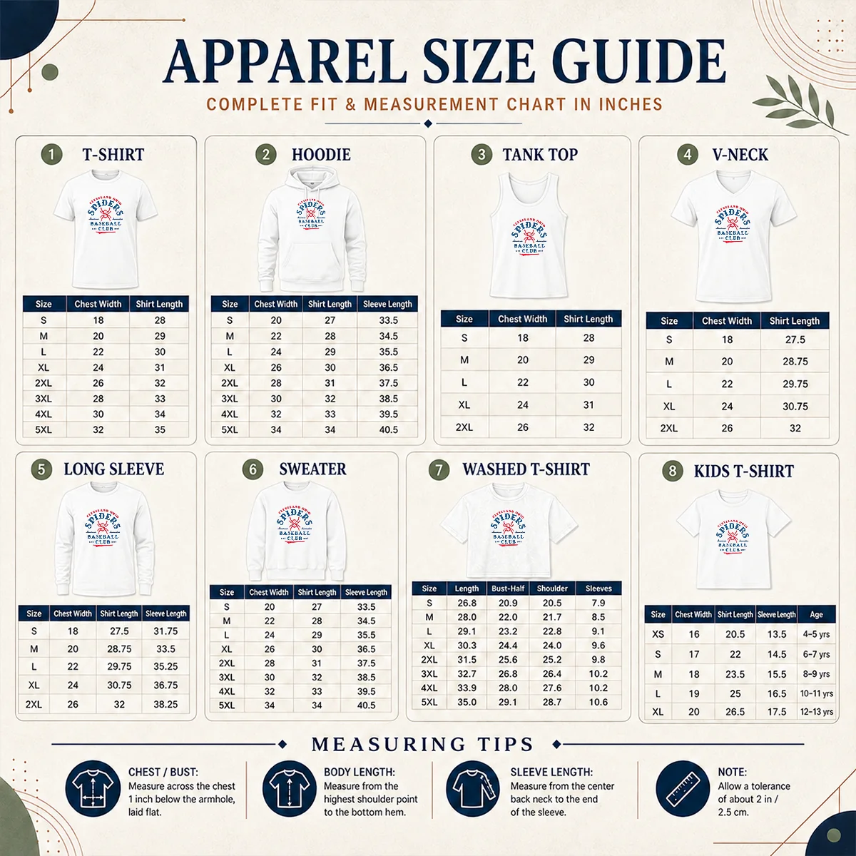 Hot Funny Vintage Cleveland Spiders American Association Baseball Club Est 1887 Size Chart Size chart for Hot Funny Vintage Cleveland Spiders American Association Baseball Club Est 1887 with measurements in inches and cm to help choose the right fit
