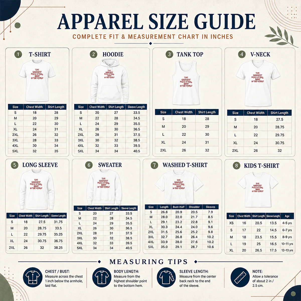 Hot Official The Greatest Rock 'N' Roll Band In The World Size Chart Size chart for Hot Official The Greatest Rock 'N' Roll Band In The World with measurements in inches and cm to help choose the right fit