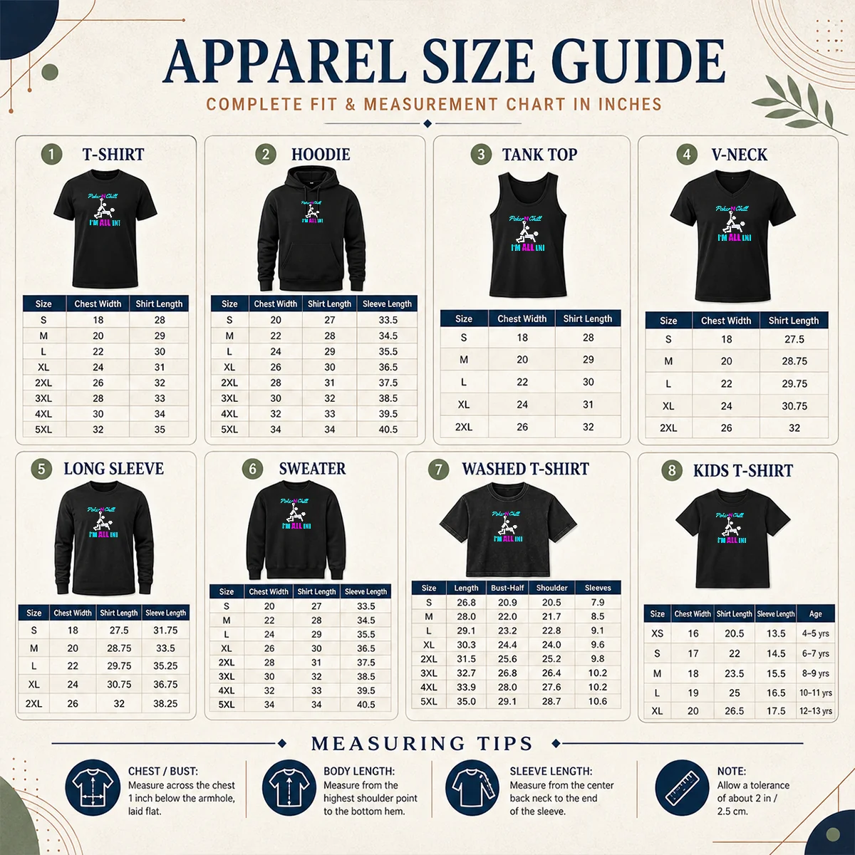 Hot Original Poker N Chill I Am All In Couple Playing Cards Humor Size Chart Size chart for Hot Original Poker N Chill I Am All In Couple Playing Cards Humor with measurements in inches and cm to help choose the right fit