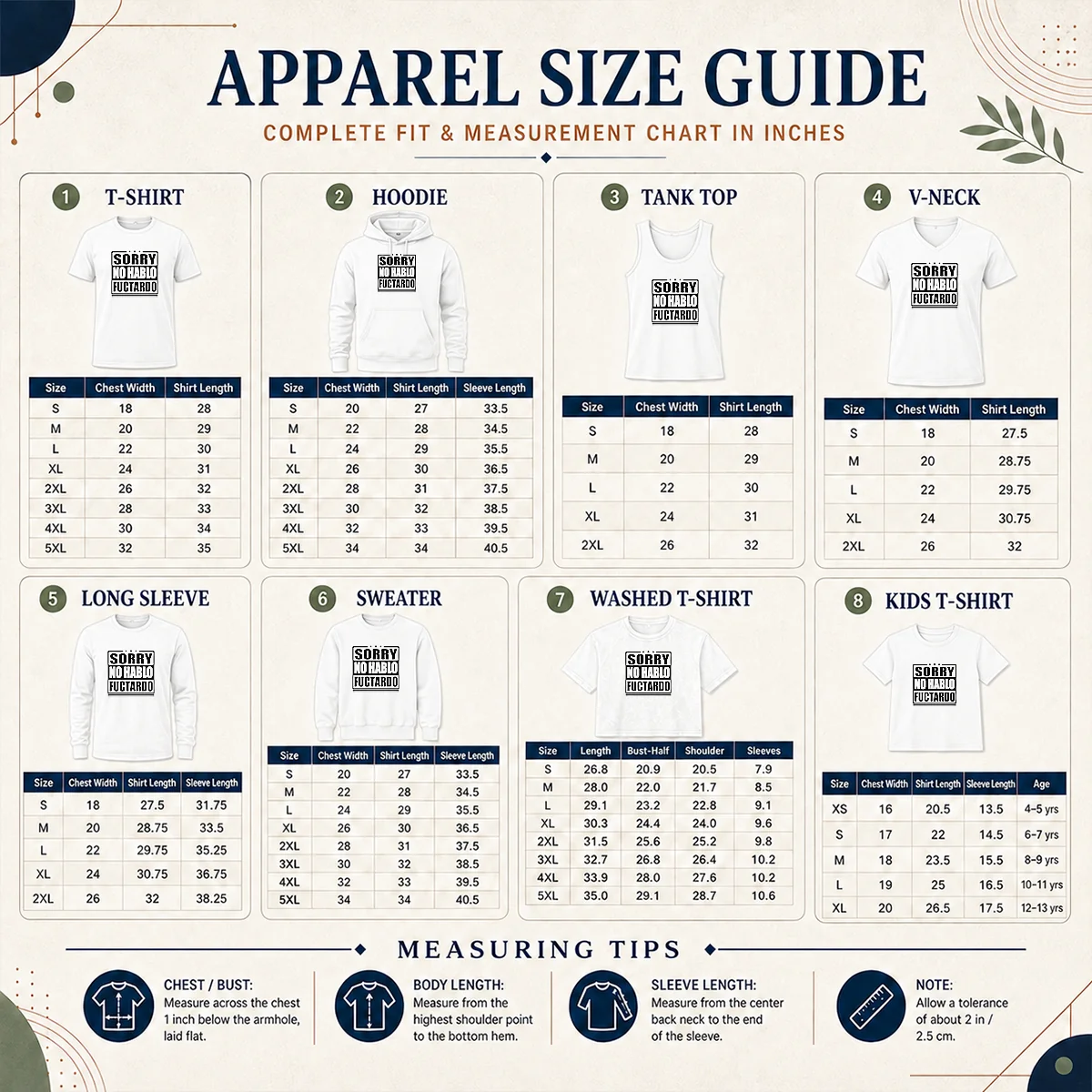 Hot Original Sorry No Hablo Fuctardo Sarcastic Language Barrier Size Chart Size chart for Hot Original Sorry No Hablo Fuctardo Sarcastic Language Barrier with measurements in inches and cm to help choose the right fit
