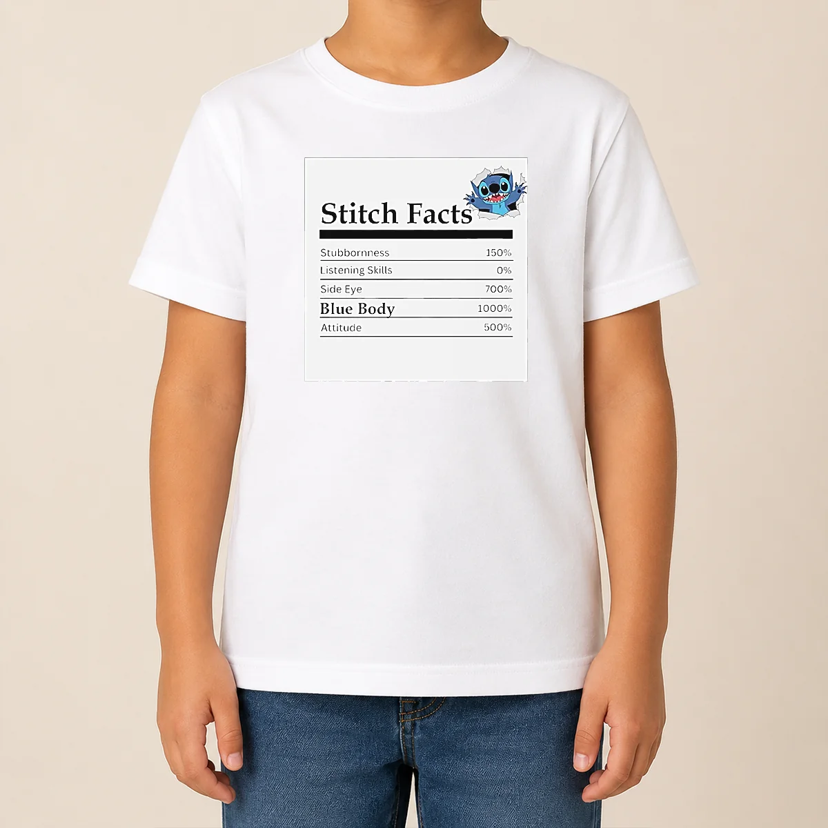 Hot Original Stitch Facts Stubbornness Listening Skills Side Eye Blue Body Attitude Kids T-Shirt