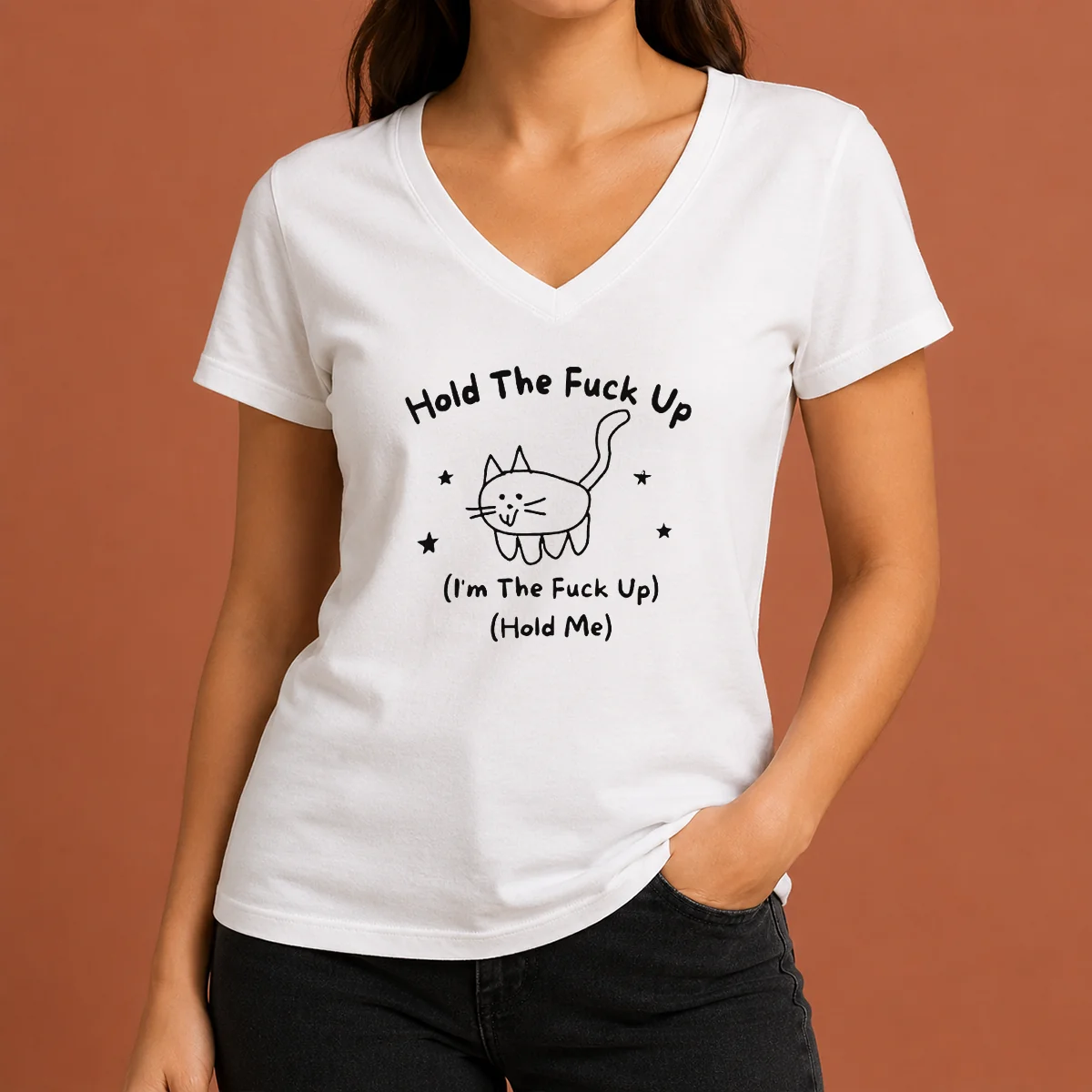 Nice Top Cute Cat Graphic Hold V-Neck Shirt Nice Top Cute Cat Graphic Hold V-Neck Shirt
